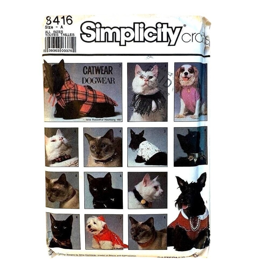 Simplicity Sewing Pattern Dog Coat T-Shirt Cat Collar 8416 1987 Pet Clothes